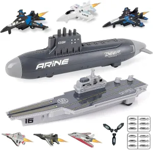 Aircraft Carrier Toy and Submarine Toy Naval Ship with Launching Small Scale Model Fighter Jet Toy and Torpedoes, Ideal Army Toys Set for Kids Boys Girls