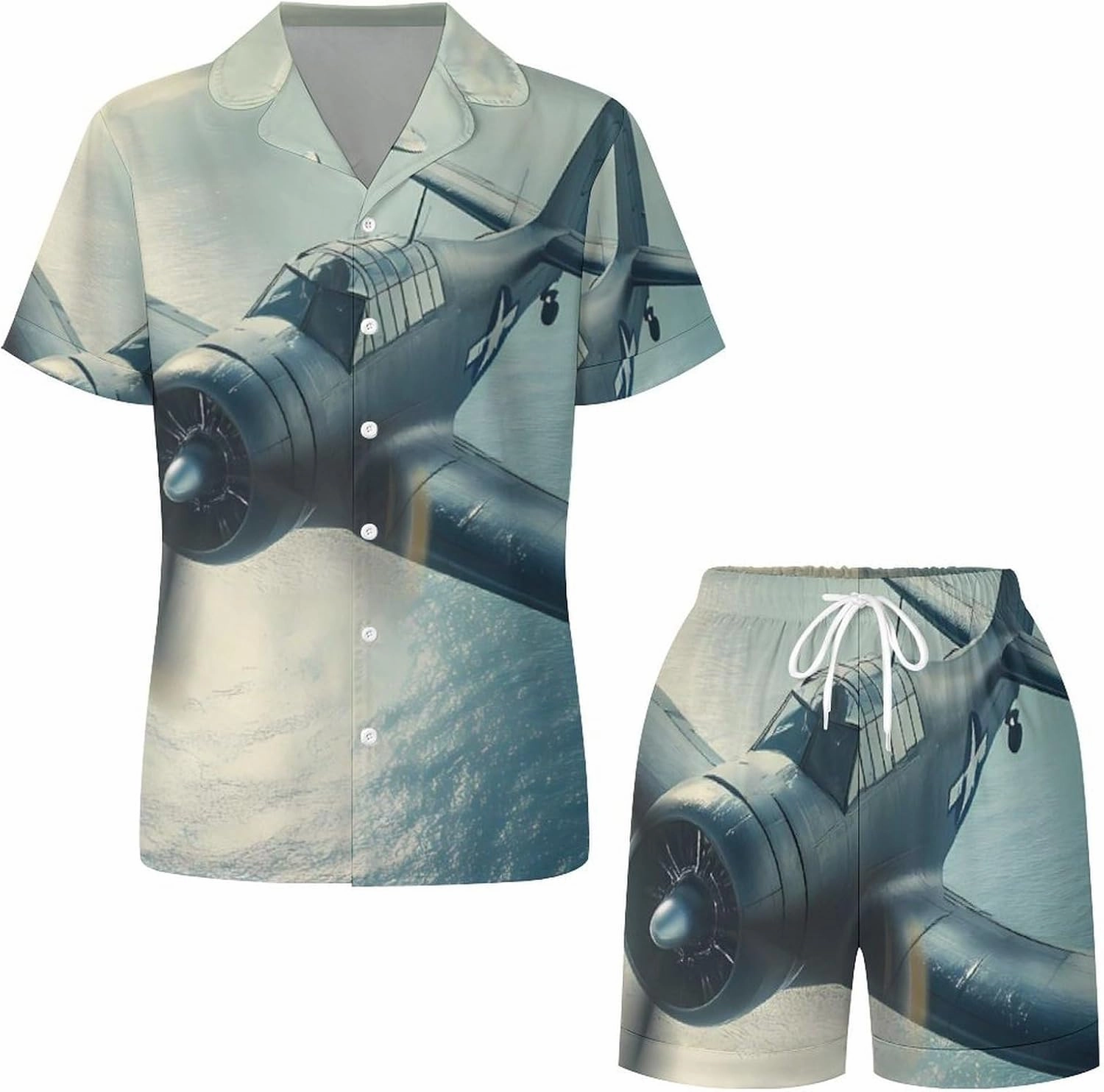 Airplane Aviation Womens Pajama Sets Short Sleeve Button Down Sleepwear Top And Shorts Pjs Sets Loungewear