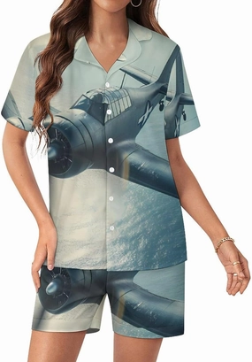 Airplane Aviation Womens Pajama Sets Short Sleeve Button Down Sleepwear Top And Shorts Pjs Sets Loungewear