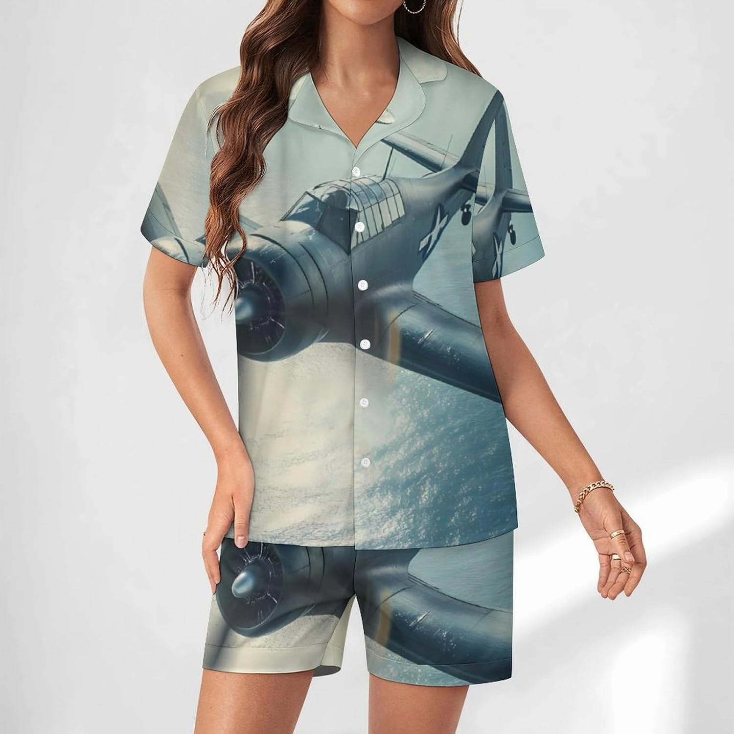 Airplane Aviation Womens Pajama Sets Short Sleeve Button Down Sleepwear Top And Shorts Pjs Sets Loungewear