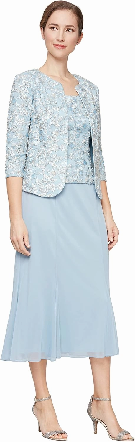 Alex Evenings Women's Plus Size Tea Length Button-Front Jacket Dress