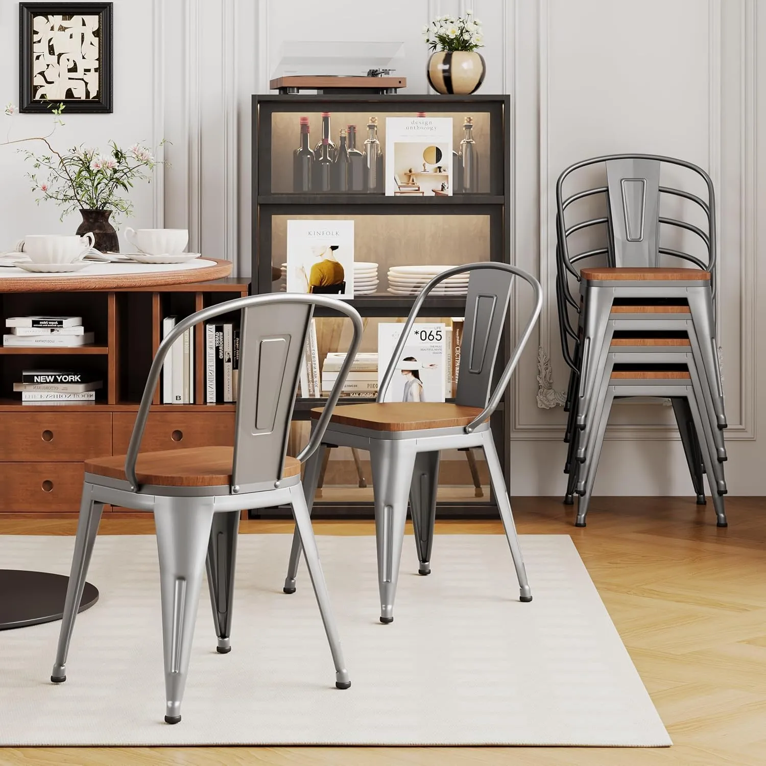 Alunaune 18inch Metal Dining Chair Set of 4 High Back Classic Chic Iron Farmhouse Chairs Industrial Stackable Coffee Stools Bistro Cafe Side Barstools Wood Seat-Silver