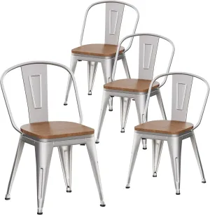 Alunaune 18inch Metal Dining Chair Set of 4 High Back Classic Chic Iron Farmhouse Chairs Industrial Stackable Coffee Stools Bistro Cafe Side Barstools Wood Seat-Silver