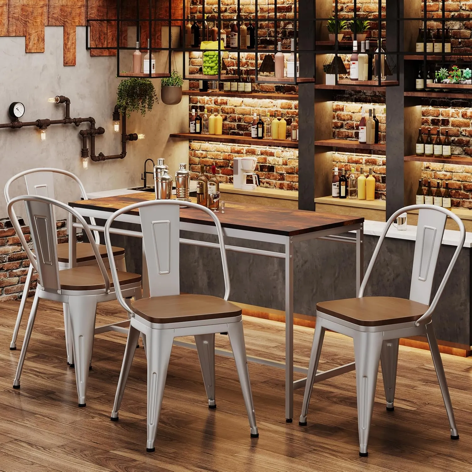 Alunaune 18inch Metal Dining Chair Set of 4 High Back Classic Chic Iron Farmhouse Chairs Industrial Stackable Coffee Stools Bistro Cafe Side Barstools Wood Seat-Silver