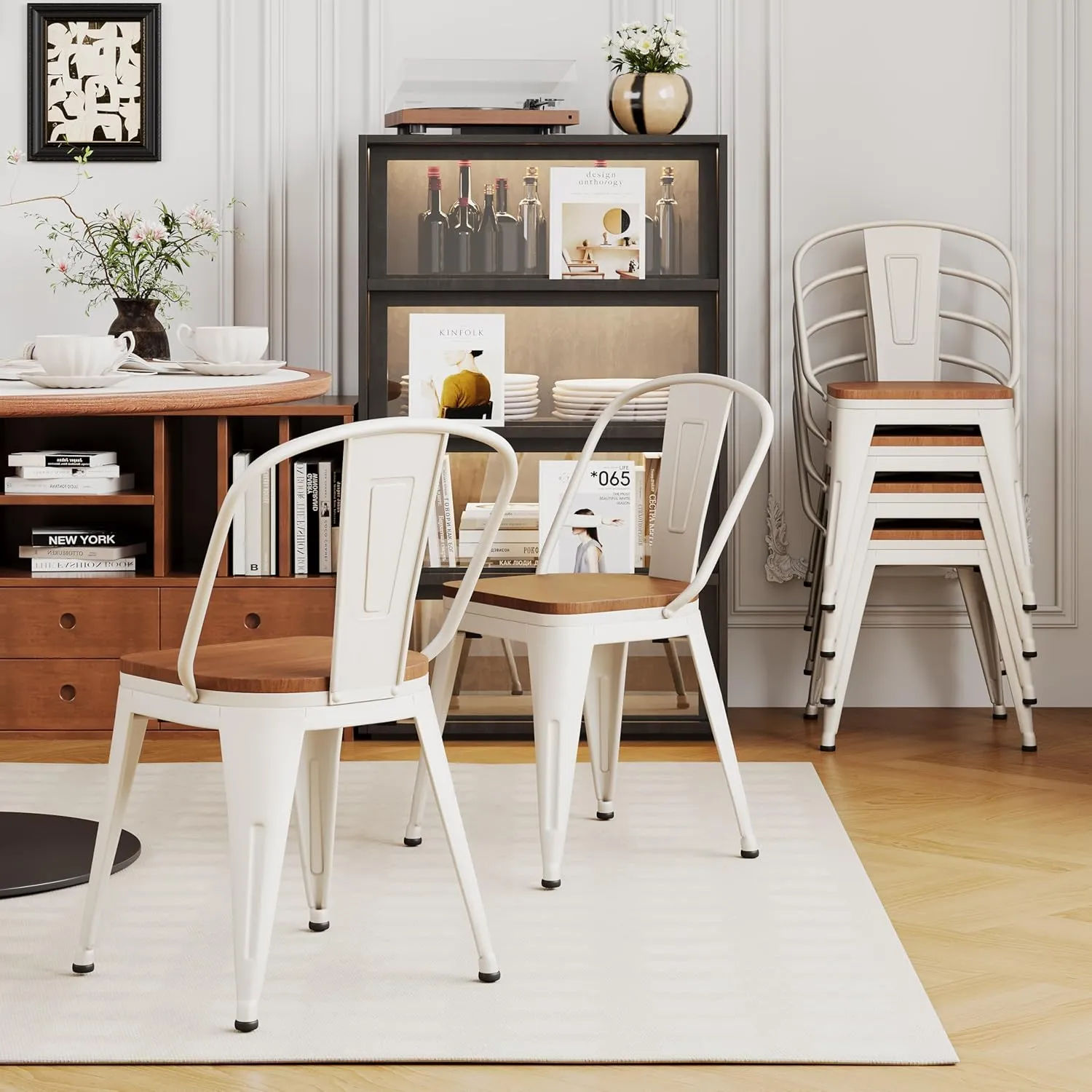Alunaune 18inch Metal Dining Chair Set of 4 High Back Classic Chic Iron Farmhouse Chairs Industrial Stackable Coffee Stools Bistro Cafe Side Barstools Wood Seat-White