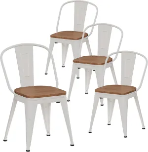 Alunaune 18inch Metal Dining Chair Set of 4 High Back Classic Chic Iron Farmhouse Chairs Industrial Stackable Coffee Stools Bistro Cafe Side Barstools Wood Seat-White