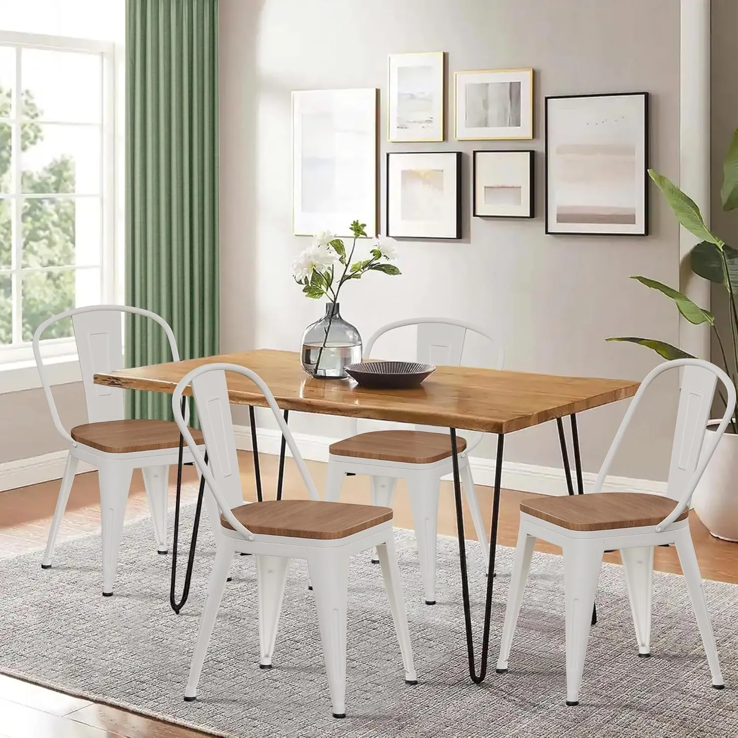 Alunaune 18inch Metal Dining Chair Set of 4 High Back Classic Chic Iron Farmhouse Chairs Industrial Stackable Coffee Stools Bistro Cafe Side Barstools Wood Seat-White