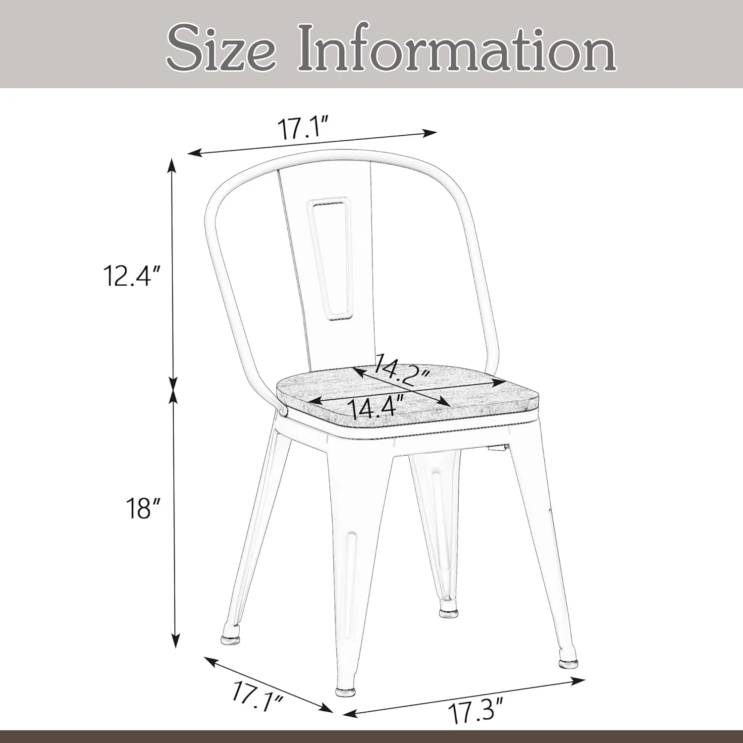 Alunaune 18inch Metal Dining Chair Set of 4 High Back Classic Chic Iron Farmhouse Chairs Industrial Stackable Coffee Stools Bistro Cafe Side Barstools Wood Seat-White
