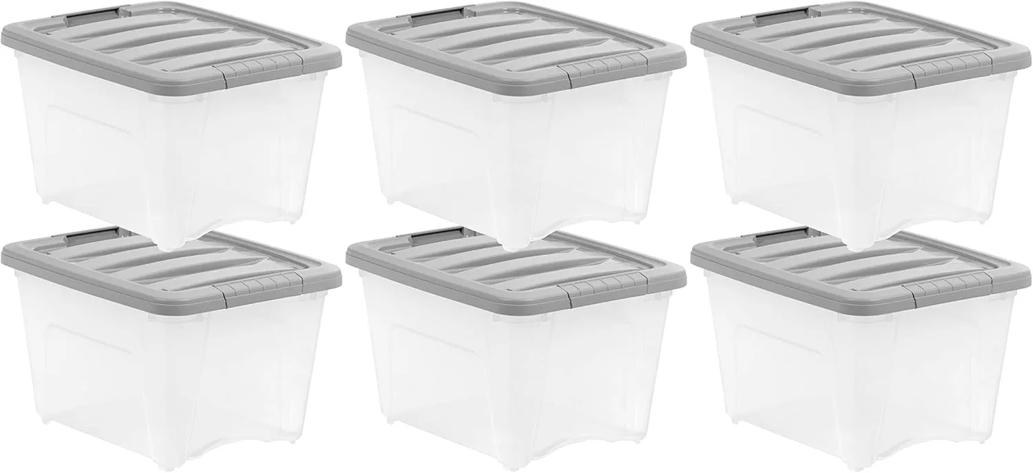 Amazon Basics Plastic Storage Containers with Secure Latching Lids, Stackable Organization Bins, Clear/Grey, 19 Quart, Set of 6