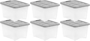 Amazon Basics Plastic Storage Containers with Secure Latching Lids, Stackable Organization Bins, Clear/Grey, 19 Quart, Set of 6