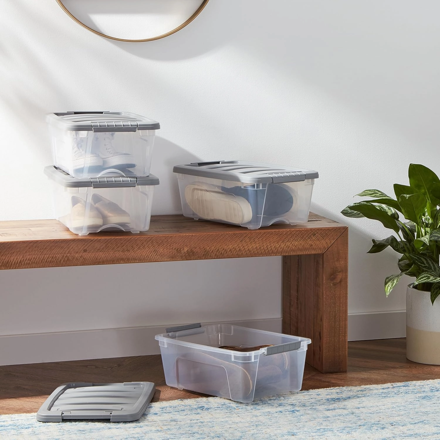 Amazon Basics Plastic Storage Containers with Secure Latching Lids, Stackable Organization Bins, Clear/Grey, 12 Quart, Set of 6