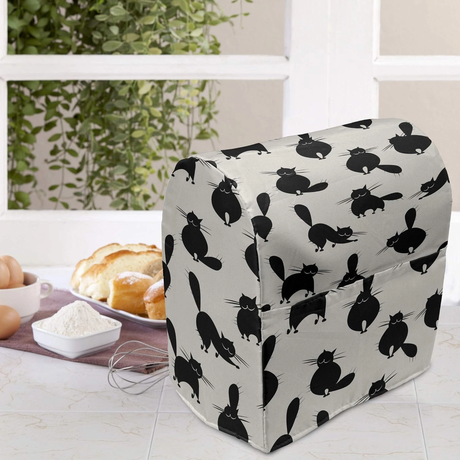 Ambesonne Cat Stand Mixer Cover, Funny House Pet Silhouettes with Various Poses Cartoon Style Abstract Animal Doodles, Kitchen Appliance Organizer Bag Cover with a Pocket, 6-8 Quarts, Beige Black