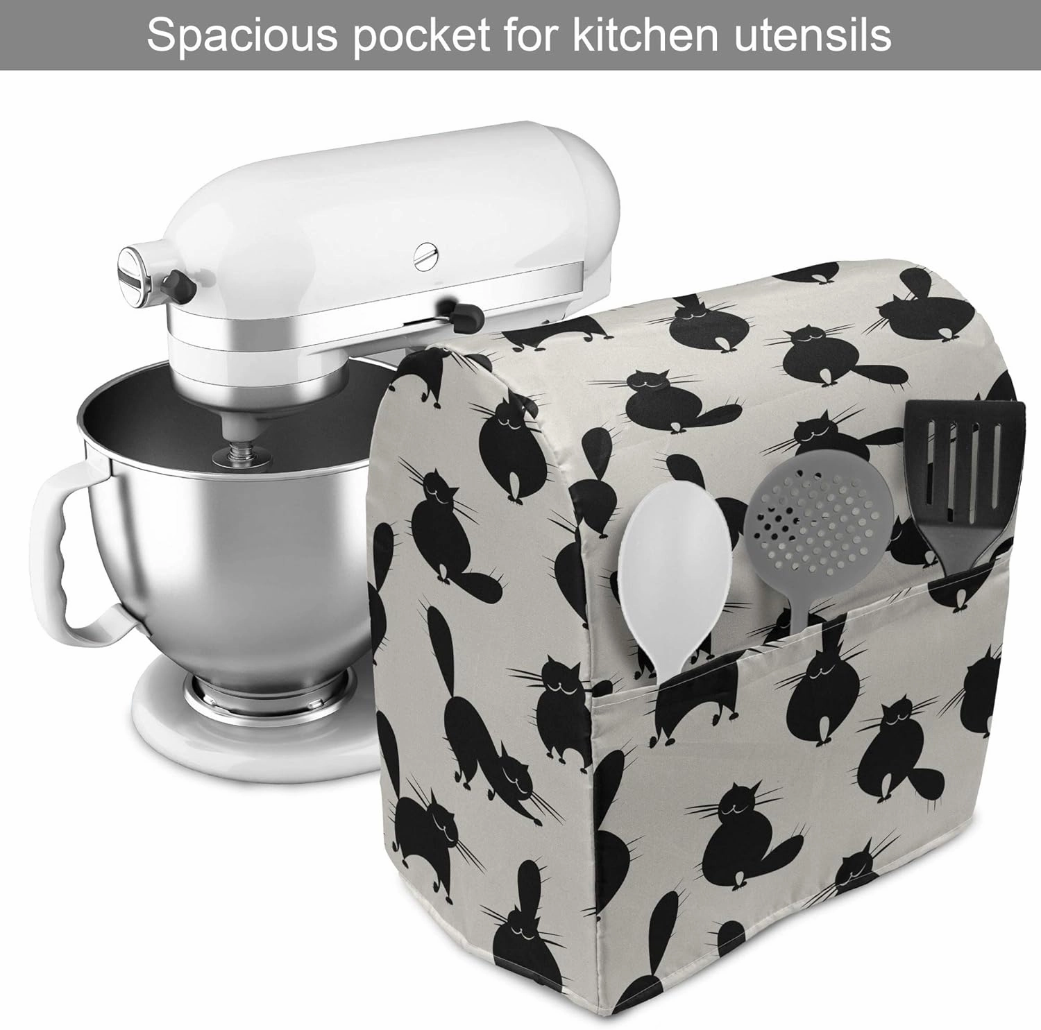Ambesonne Cat Stand Mixer Cover, Funny House Pet Silhouettes with Various Poses Cartoon Style Abstract Animal Doodles, Kitchen Appliance Organizer Bag Cover with a Pocket, 6-8 Quarts, Beige Black