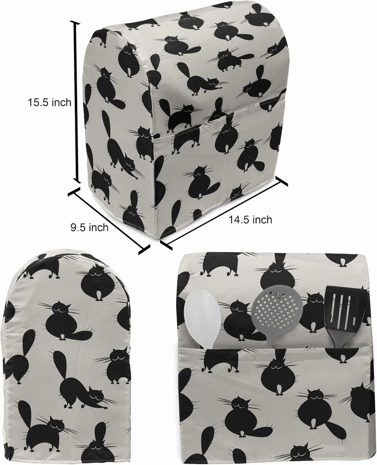 Ambesonne Cat Stand Mixer Cover, Funny House Pet Silhouettes with Various Poses Cartoon Style Abstract Animal Doodles, Kitchen Appliance Organizer Bag Cover with a Pocket, 6-8 Quarts, Beige Black