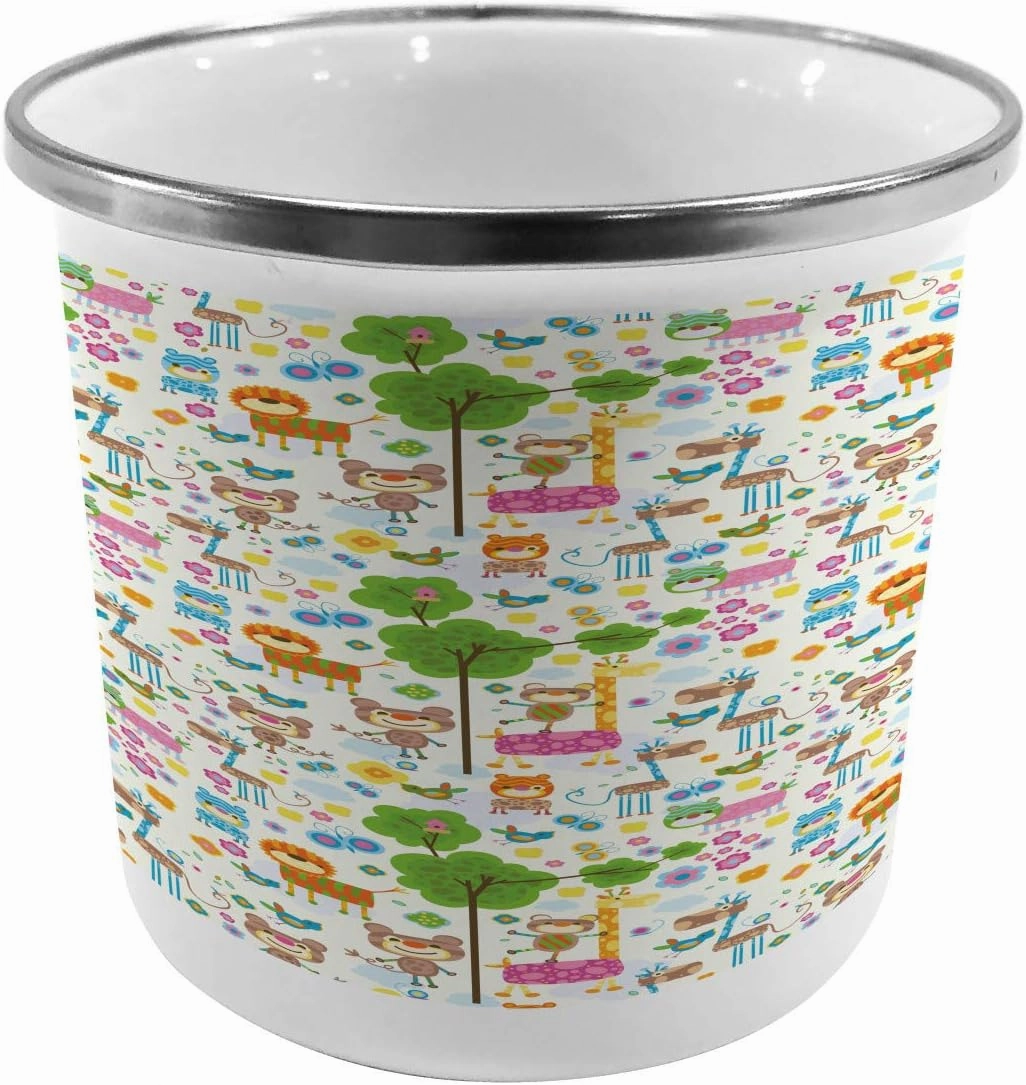 Ambesonne Zoo Metal Camping Cup, Happy Friendly Jungle Animals Giraffe Monkey and Butterfly Trees Flowers Zoo Nature, Stainless Steel Mug for Indoor and Outdoor Activities, Multicolor