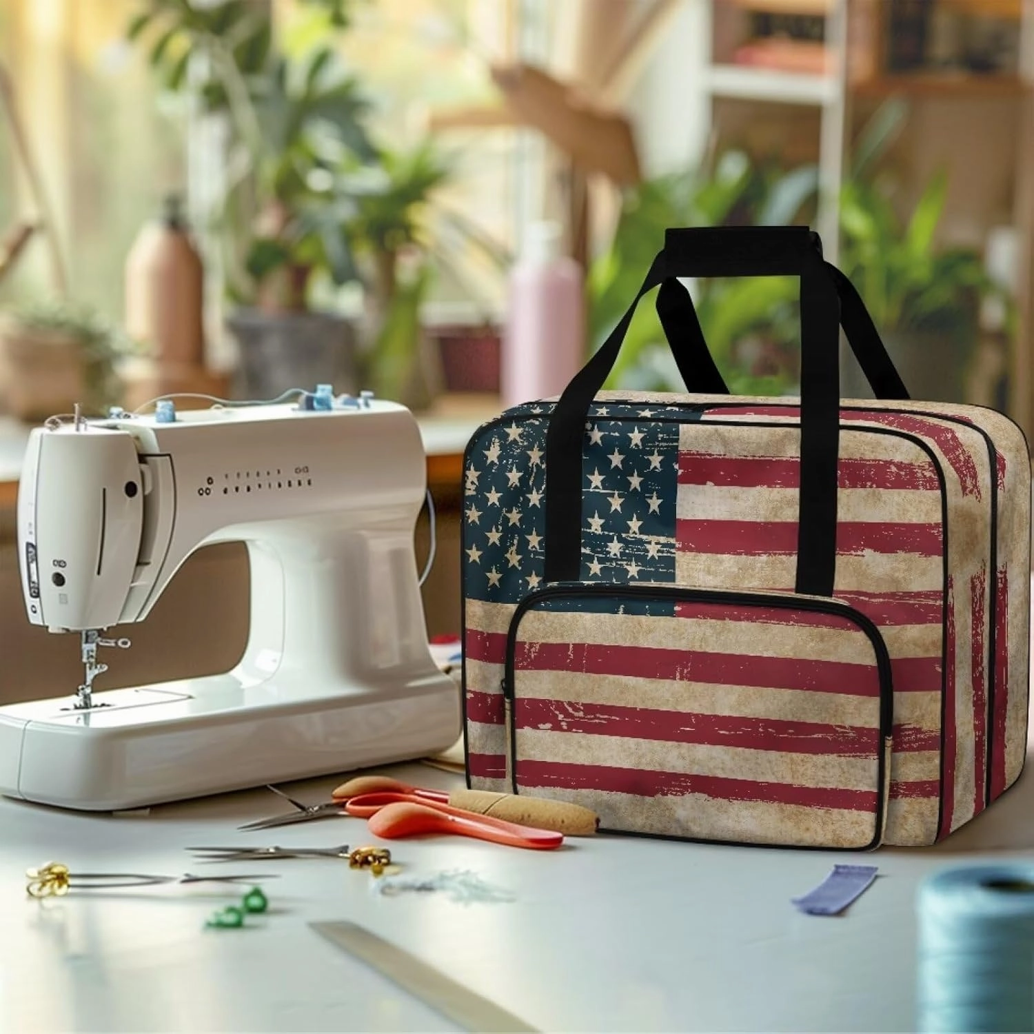 American Flag Sewing Machine Carrying Case Two Way Zipper Sewing Bag with Handle, Sewing Machine Tote Bag Carrying Travel Storage Carrier for Brother, Singer & Most Machines