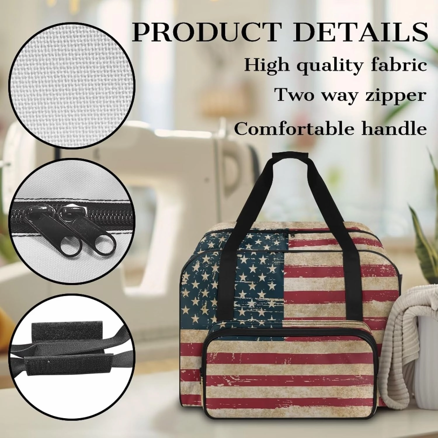 American Flag Sewing Machine Carrying Case Two Way Zipper Sewing Bag with Handle, Sewing Machine Tote Bag Carrying Travel Storage Carrier for Brother, Singer & Most Machines