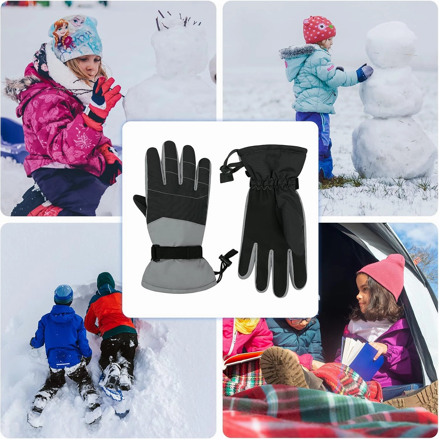 American Trends Kids Waterproof Winter Gloves with Zip Pocket Snow Ski Gloves Boys Girls Toddler Touchscreen Snowboard Gloves