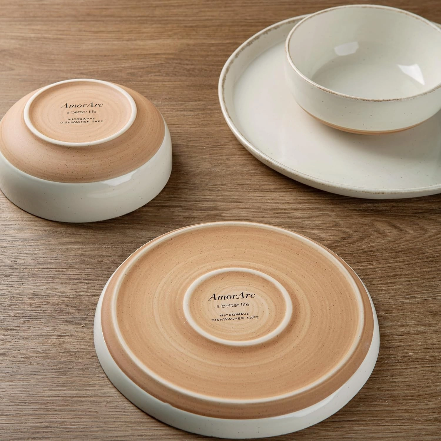 AmorArc Ceramic Dinnerware Sets for 4, 12 Pieces Handpainted Plates and Bowls Set with Rustic Terracotta Underside, Scratch Resistant Stoneware Dishes Set, Dishwasher & Microwave Safe, Beige