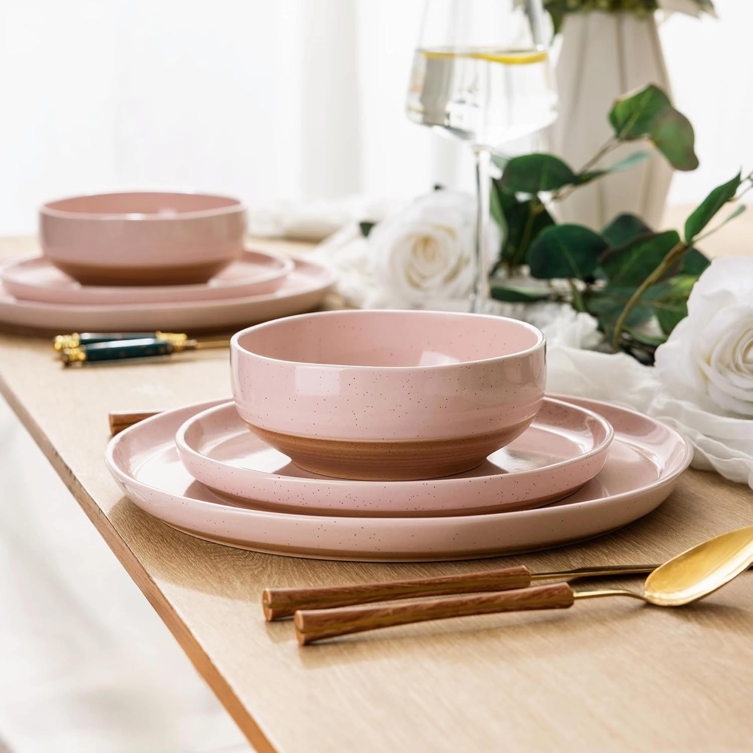 AmorArc Ceramic Dinnerware Sets for 4, 12 Pieces Handpainted Plates and Bowls Set with Rustic Terracotta Underside, Scratch Resistant Stoneware Dishes Set, Dishwasher & Microwave Safe, Cloud Pink