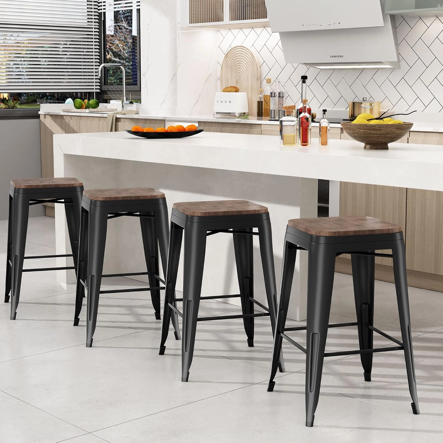 Andeworld Bar Stools Set of 4 Stackable Metal Bar Stools Industrial Counter Height Stools Backless Barstools with Wooden Seats (30 inch, Matte Black with Wooden Seats)