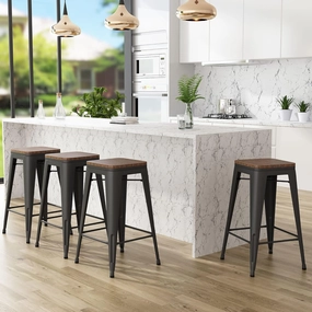 Andeworld Bar Stools Set of 4 Stackable Metal Bar Stools Industrial Counter Height Stools Backless Barstools with Wooden Seats (30 inch, Matte Black with Wooden Seats)