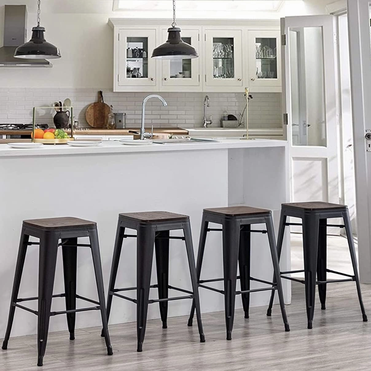 Andeworld Bar Stools Set of 4 Stackable Metal Bar Stools Industrial Counter Height Stools Backless Barstools with Wooden Seats (30 inch, Matte Black with Wooden Seats)