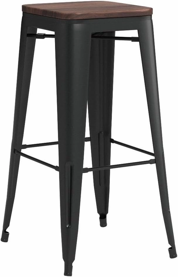 Andeworld Bar Stools Set of 4 Stackable Metal Bar Stools Industrial Counter Height Stools Backless Barstools with Wooden Seats (30 inch, Matte Black with Wooden Seats)