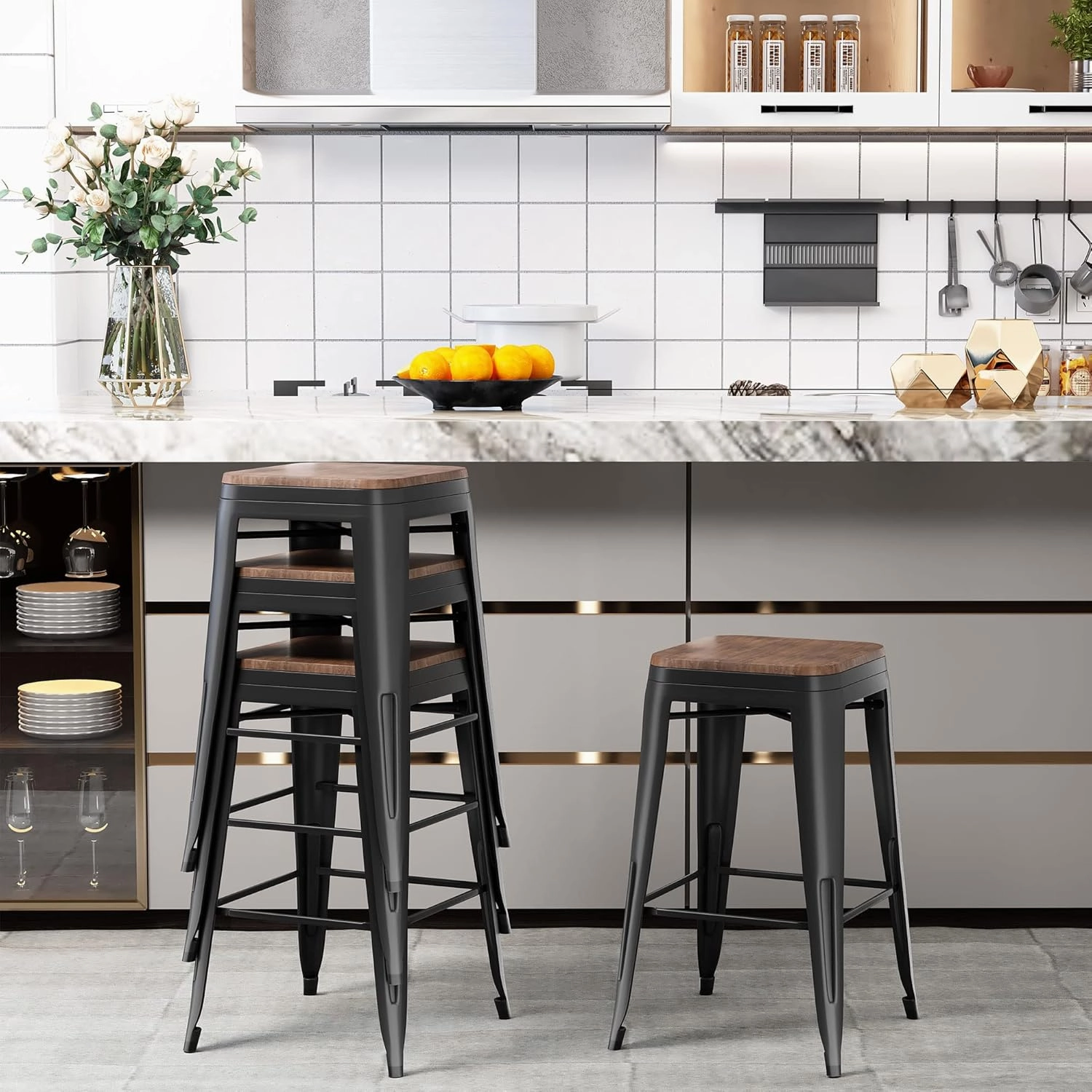 Andeworld Bar Stools Set of 4 Stackable Metal Bar Stools Industrial Counter Height Stools Backless Barstools with Wooden Seats (30 inch, Matte Black with Wooden Seats)