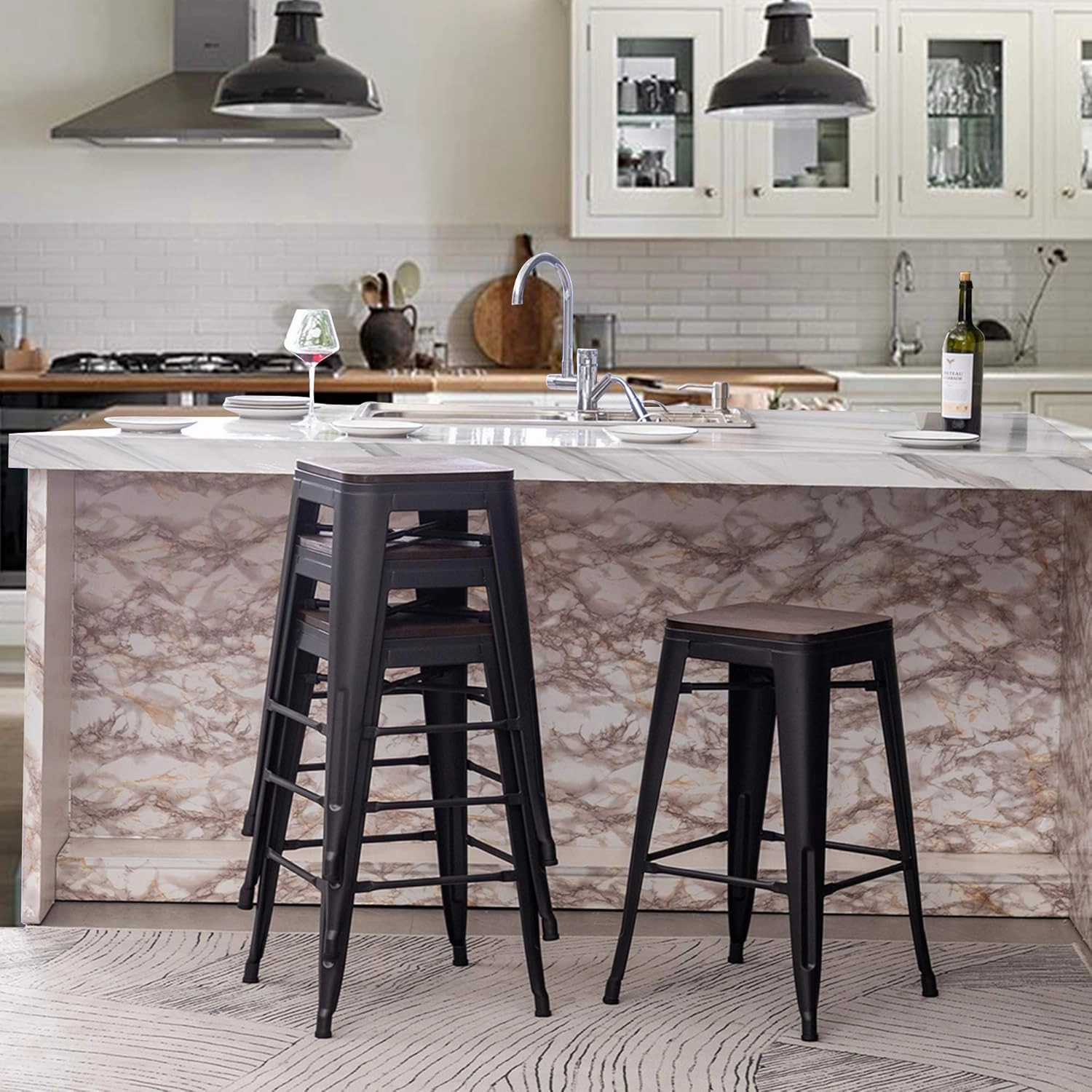 Andeworld Bar Stools Set of 4 Stackable Metal Bar Stools Industrial Counter Height Stools Backless Barstools with Wooden Seats (30 inch, Matte Black with Wooden Seats)