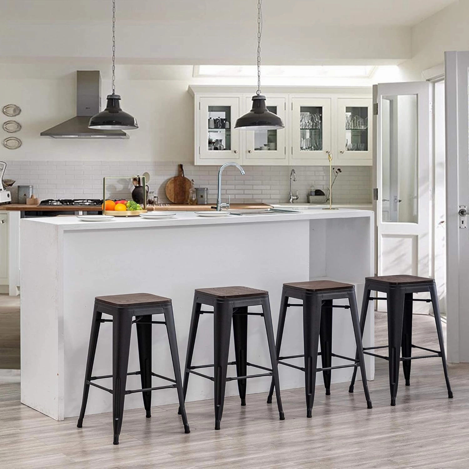 Andeworld Bar Stools Set of 4 Stackable Metal Bar Stools Industrial Counter Height Stools Backless Barstools with Wooden Seats (30 inch, Matte Black with Wooden Seats)