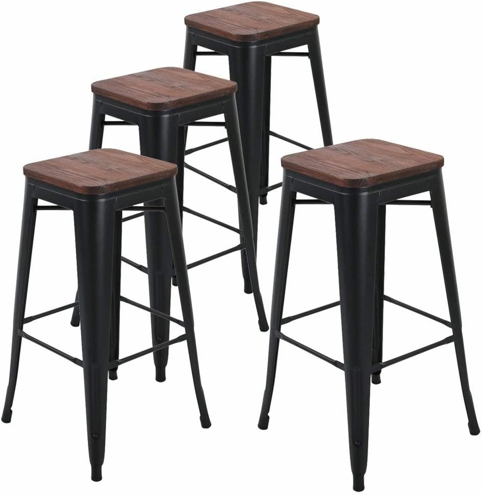 Andeworld Bar Stools Set of 4 Stackable Metal Bar Stools Industrial Counter Height Stools Backless Barstools with Wooden Seats (30 inch, Matte Black with Wooden Seats)