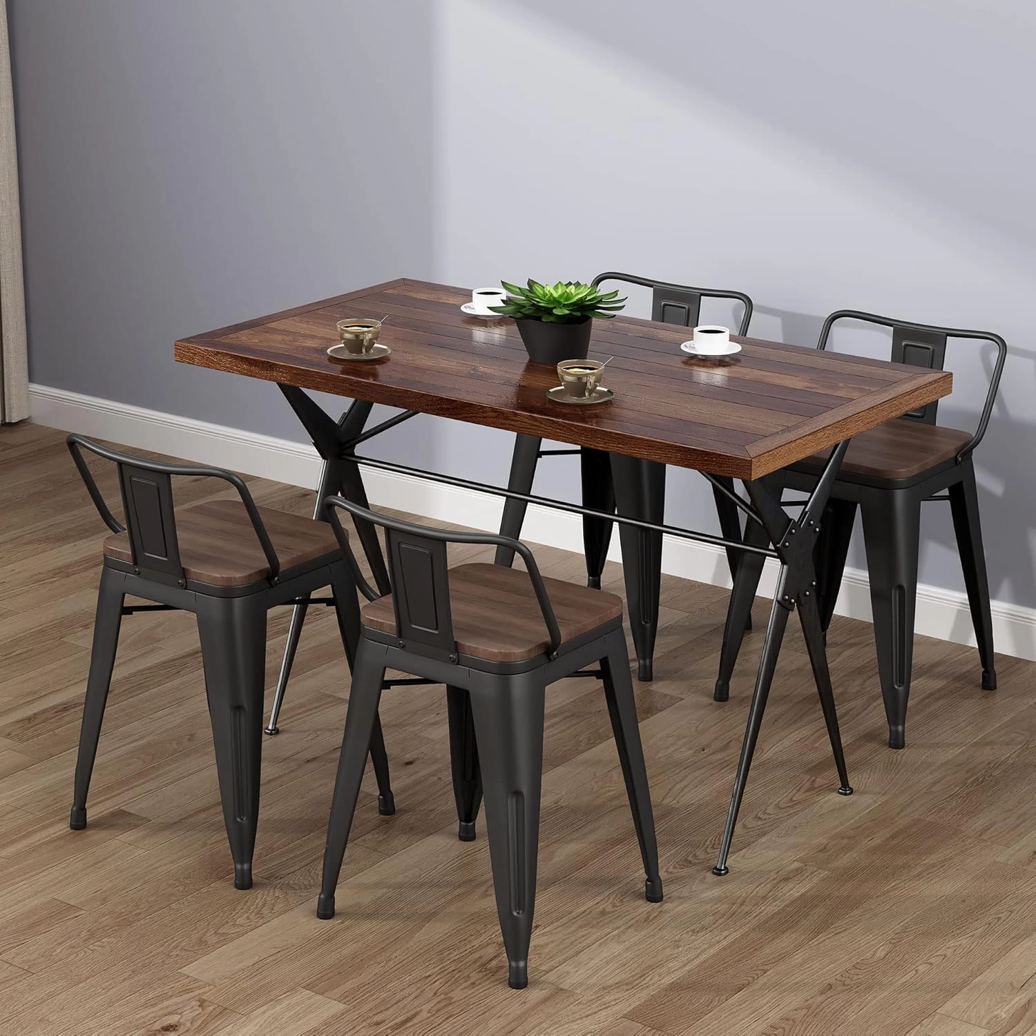Andeworld Metal Bar Stools 18 inch, Industrial Black stools with Wooden Seat for Classroom Kitchen,Stackable Short Stools Metal Dining Chairs Set of 4 (18 inch, Matte Black with Wooden Seat)
