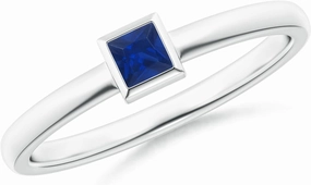 Angara Natural Bezel-Set Solitaire Square Blue Sapphire Stackable Ring in 14K White Gold for Women (Size-3mm) | September Birthstone Jewelry