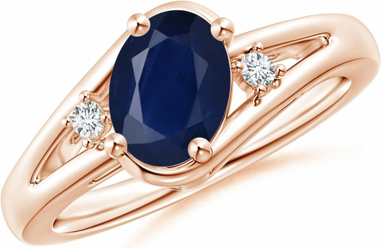 Angara Natural Prong-Set 1.55 ct Blue Sapphire and Diamond Split Shank Engagement Ring in 14K Rose Gold for Women (Size-8x6mm) | September Birthstone Jewelry