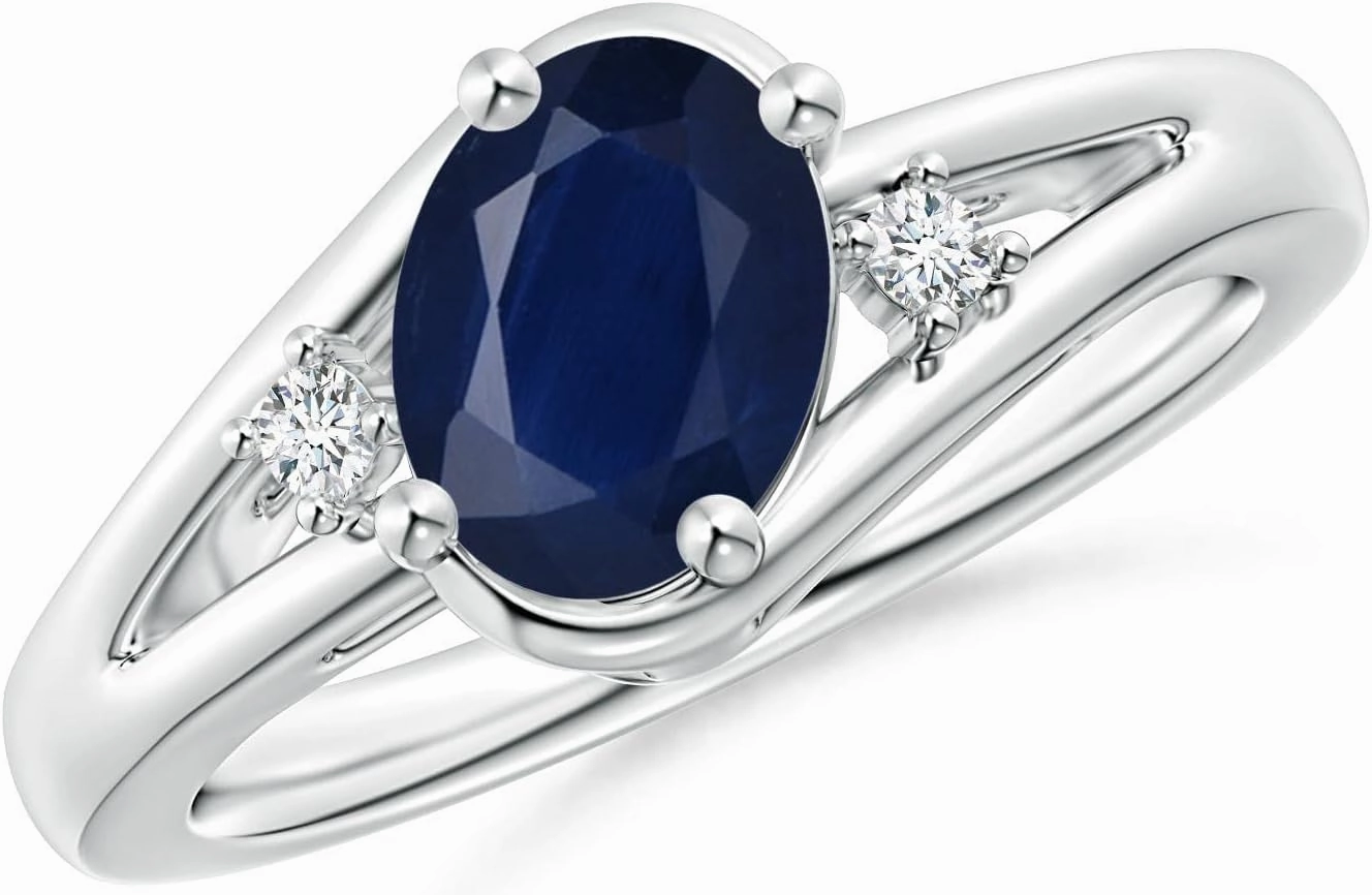 Angara Natural Prong-Set 1.55 ct Blue Sapphire and Diamond Split Shank Engagement Ring in 14K White Gold for Women (Size-8x6mm) | September Birthstone Jewelry
