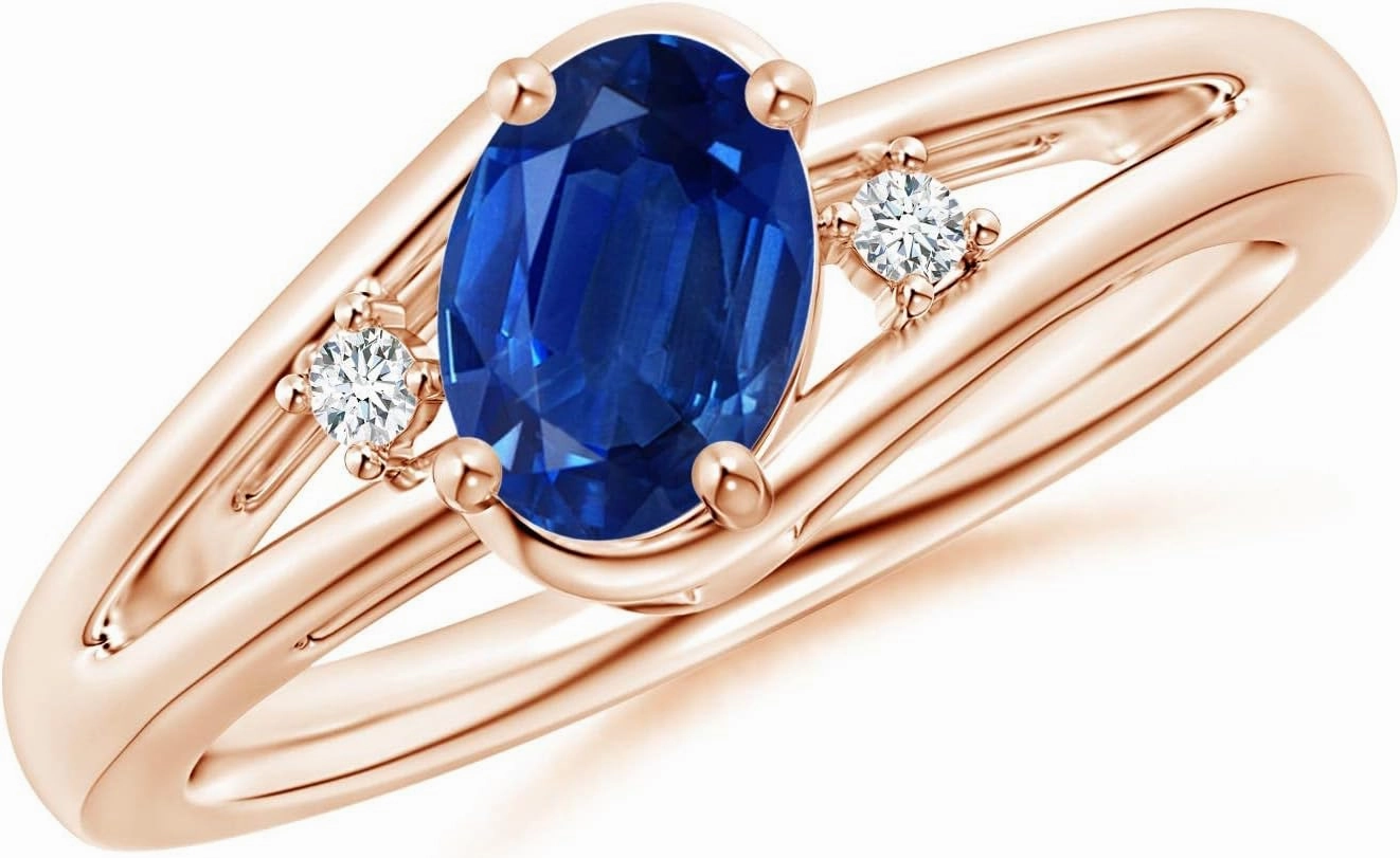 Angara Natural Prong-Set Blue Sapphire and Diamond Split Shank Engagement Ring in 14K Rose Gold for Women (Size-7x5mm) | September Birthstone Jewelry