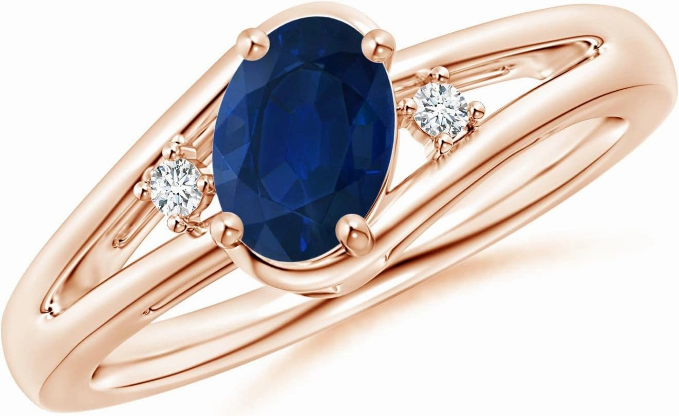 Angara Natural Prong-Set Blue Sapphire and Diamond Split Shank Engagement Ring in 14K Rose Gold for Women (Size-7x5mm) | September Birthstone Jewelry