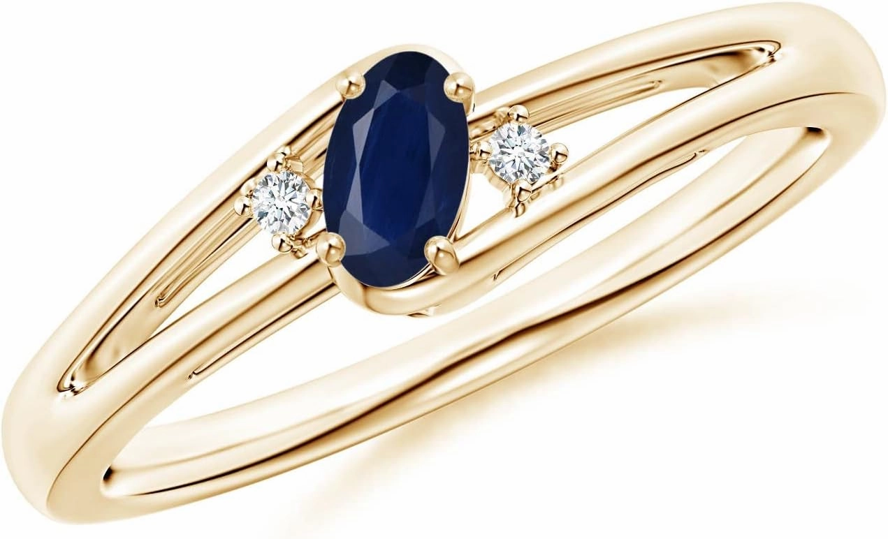 Angara Natural Prong-Set Blue Sapphire and Diamond Split Shank Engagement Ring in 14K Yellow Gold for Women (Size-5x3mm) | September Birthstone Jewelry
