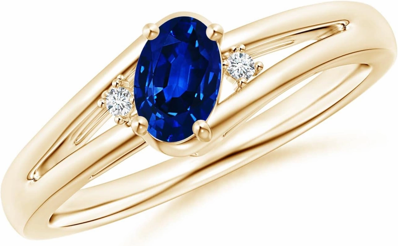 Angara Natural Prong-Set Blue Sapphire and Diamond Split Shank Engagement Ring in 14K Yellow Gold for Women (Size-6x4mm) | September Birthstone Jewelry