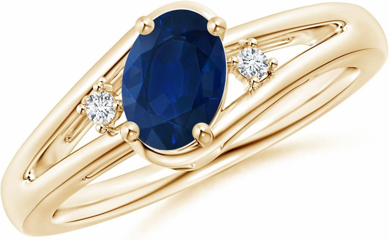Angara Natural Prong-Set Blue Sapphire and Diamond Split Shank Engagement Ring in 14K Yellow Gold for Women (Size-7x5mm) | September Birthstone Jewelry