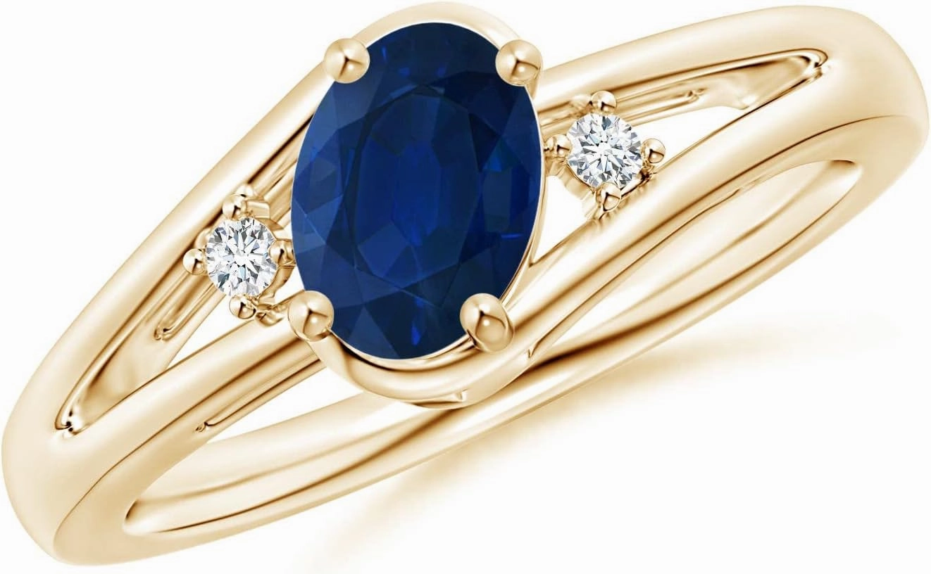 Angara Natural Prong-Set Blue Sapphire and Diamond Split Shank Engagement Ring in 14K Yellow Gold for Women (Size-7x5mm) | September Birthstone Jewelry