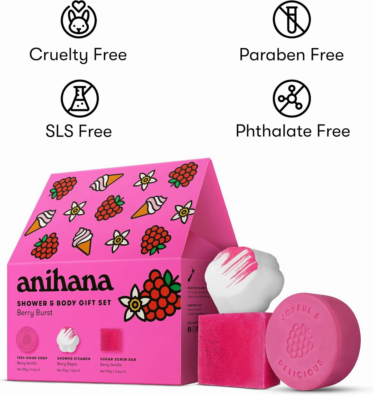 ANIHANA Berry Burst Shower & Body Gift Set with Shower Steamer, Body Scrub Bar, and Feel-Good Soap