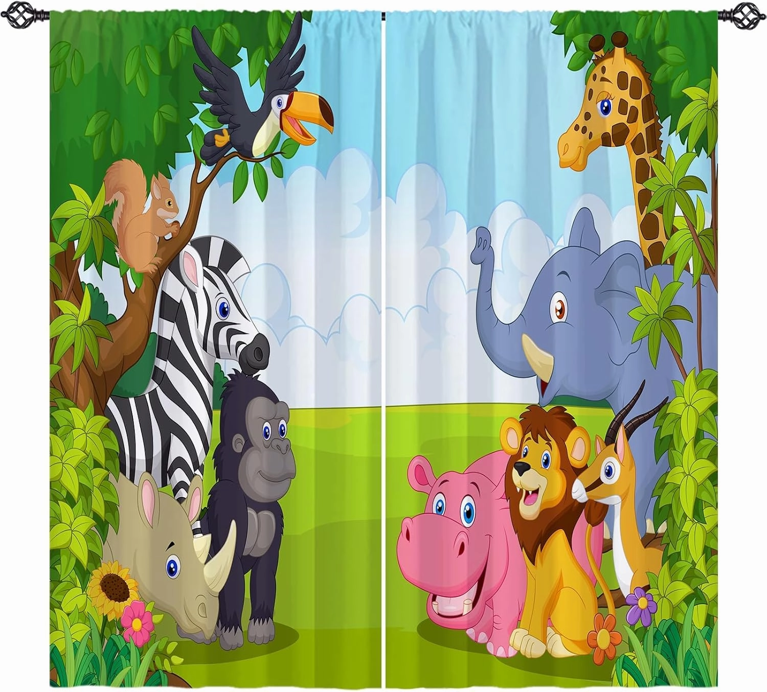 Animal Curtains W28 x L48 Inch Rod Pocket Kids Jungle Safari Wildlife Zoo Elephant Giraffe Lion Print Pattern Privacy Fabric Window Drapes for Boys Bedroom Nursery Baby Playroom 2 Panels