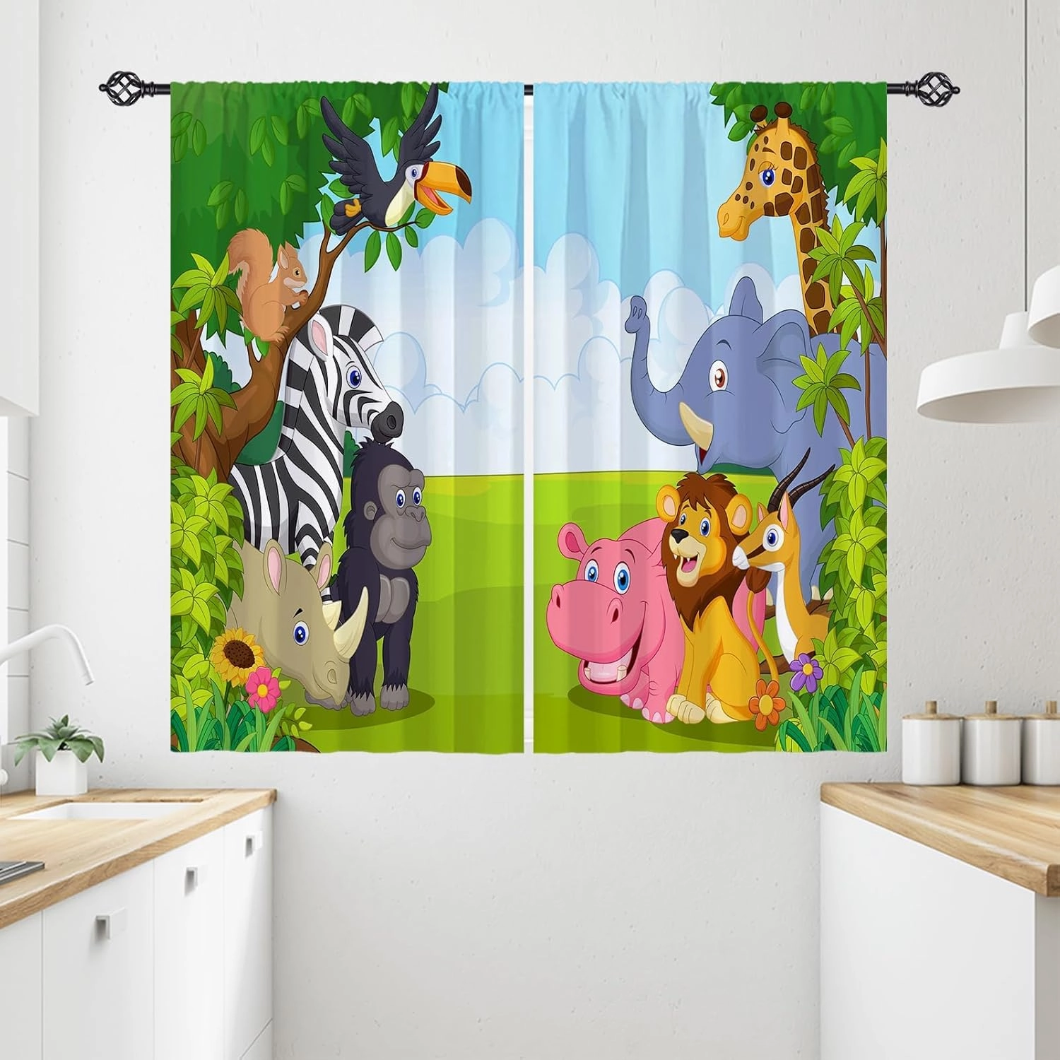 Animal Curtains W28 x L48 Inch Rod Pocket Kids Jungle Safari Wildlife Zoo Elephant Giraffe Lion Print Pattern Privacy Fabric Window Drapes for Boys Bedroom Nursery Baby Playroom 2 Panels