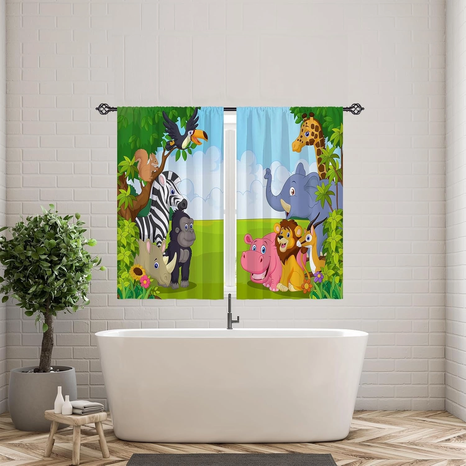 Animal Curtains W28 x L48 Inch Rod Pocket Kids Jungle Safari Wildlife Zoo Elephant Giraffe Lion Print Pattern Privacy Fabric Window Drapes for Boys Bedroom Nursery Baby Playroom 2 Panels