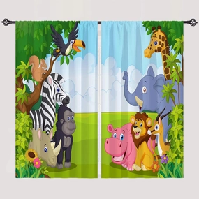 Animal Curtains W28 x L48 Inch Rod Pocket Kids Jungle Safari Wildlife Zoo Elephant Giraffe Lion Print Pattern Privacy Fabric Window Drapes for Boys Bedroom Nursery Baby Playroom 2 Panels