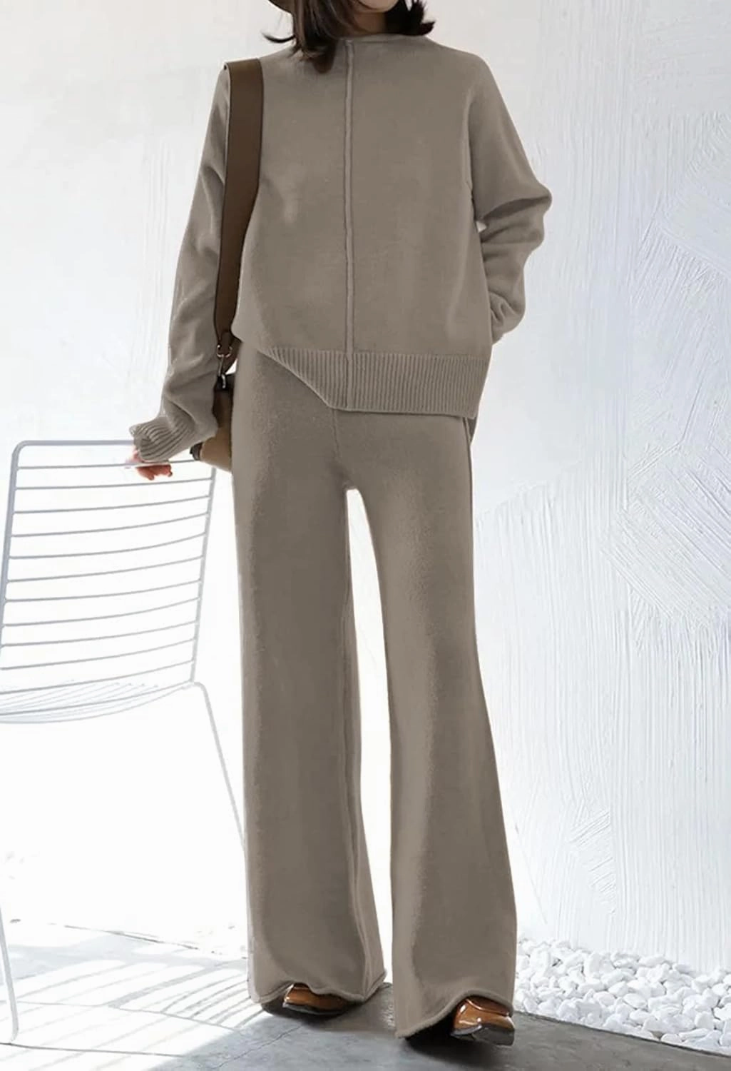 AOHITE Womens 2 Piece Outfit Set Long Sleeve Knit Pullover Sweater Top and Wide Leg Pants Sweatsuit
