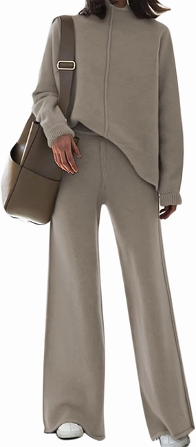 AOHITE Womens 2 Piece Outfit Set Long Sleeve Knit Pullover Sweater Top and Wide Leg Pants Sweatsuit