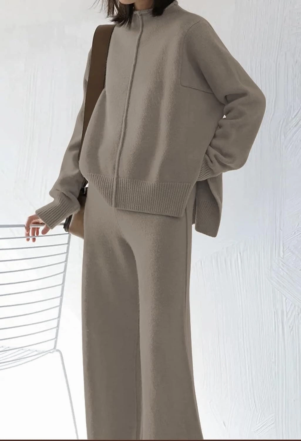 AOHITE Womens 2 Piece Outfit Set Long Sleeve Knit Pullover Sweater Top and Wide Leg Pants Sweatsuit